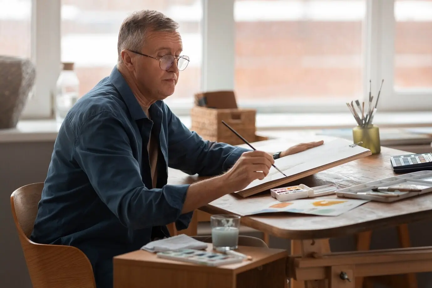 Älterer Aquarellkünstler im Studio, der an seiner Kunst arbeitet.