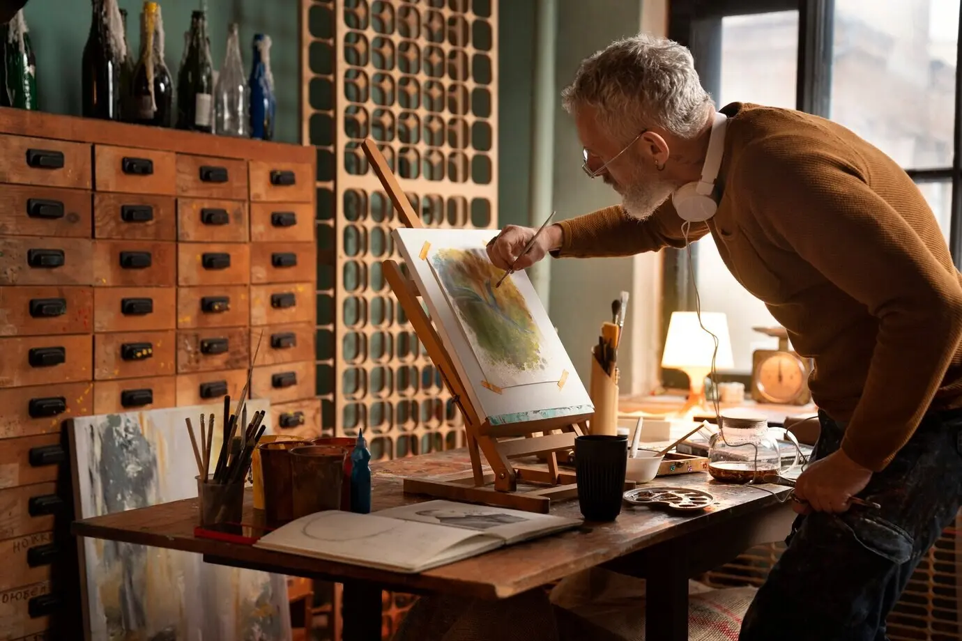 Mittelnahe Aufnahme eines älteren Malers in Innenräumen.